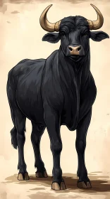 Illustration of a Black Bull with Horns