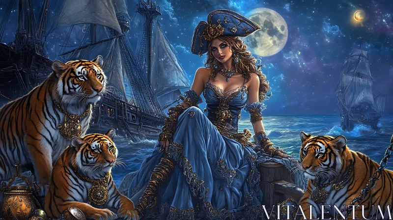 AI ART Fantasy Pirate with Bengal Tigers