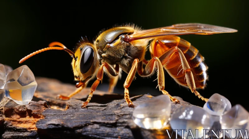 Bee on Crystal Encrusted Wood – An Amber Hued Portrait AI Image