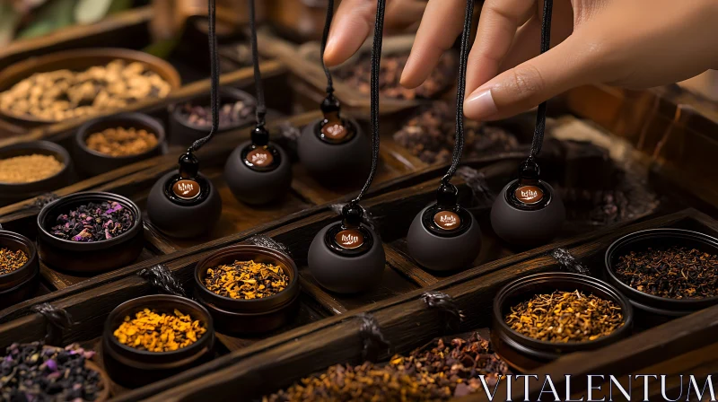 AI ART Aromatic Tea Pendants Displayed in Wooden Tray