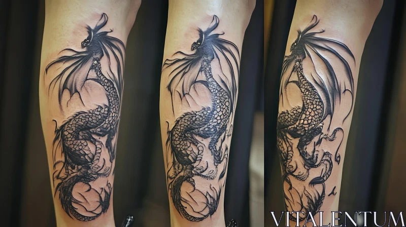 Black Ink Dragon Tattoo on Leg AI Image