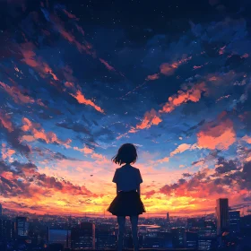 Silhouette at Dusk: Anime City View