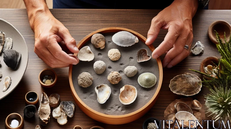 Elegant Arrangement: Intricate Shells in a Captivating Tabletop Display AI Image