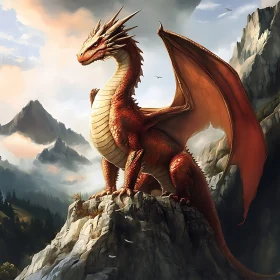 Red Dragon Overlooking Misty Mountains