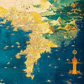 Artistic Vintage Map with Blue and Yellow Tones