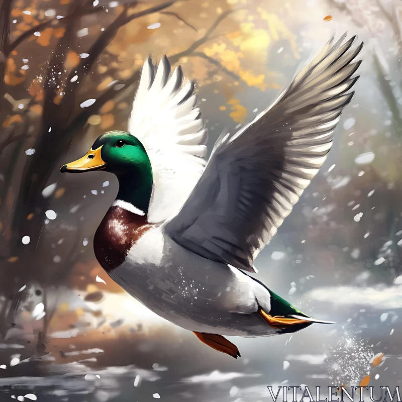 AI ART Flying Duck Over the River