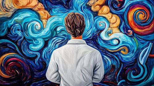 Man Staring at Abstract Painting