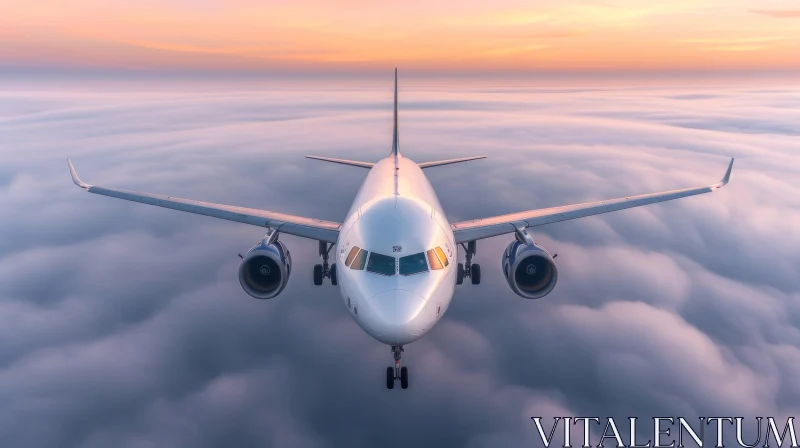 Graceful White Airplane Flying Through Clouds at Sunset AI Image