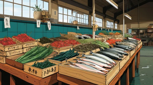 Graphic Novel Style Illustration of a Fish Market