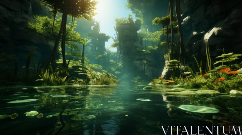 Green Jungle Scenes Wallpaper with Zen-inspired Scenery AI Image