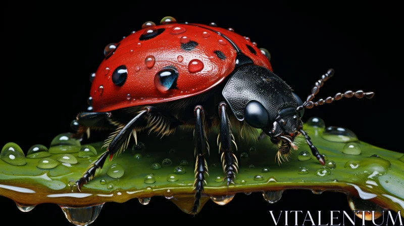 Intricate Ladybug Illustration on Dew-Kissed Leaf AI Image