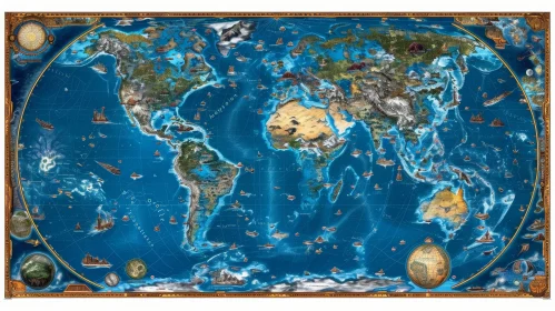 Intricate Vintage World Map Centered on Atlantic Ocean