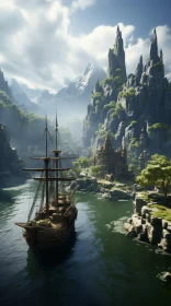 Majestic Pirate Ship Sailing Past Village and Mountains