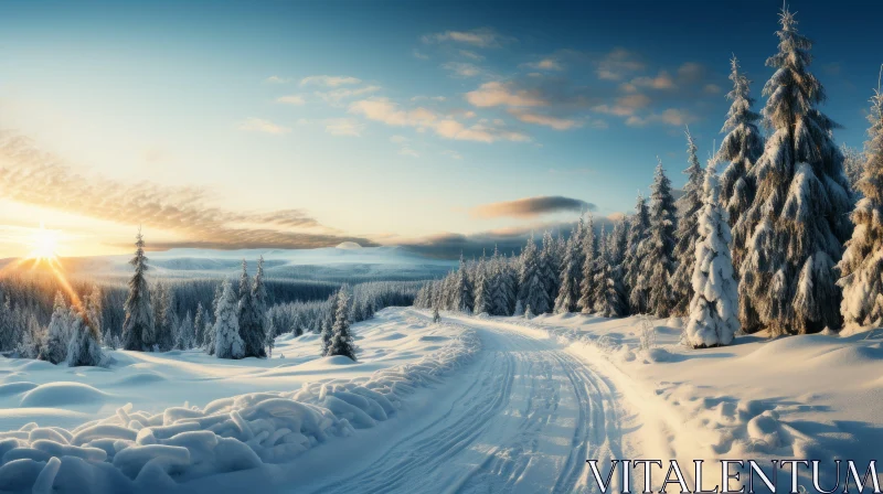 AI ART Serene Winter Landscape with Snowy Road and Sunrise