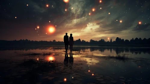 Surrealistic Night Sky with Couple by Lake