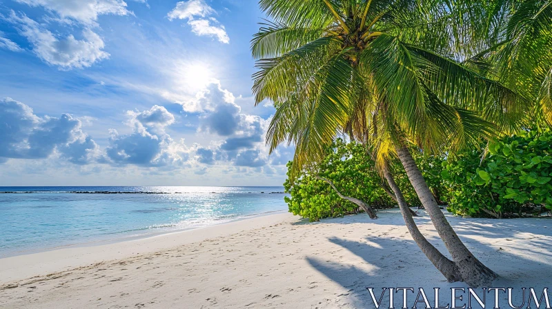 AI ART Tranquil Beach with Palm Trees and Sunlit Ocean