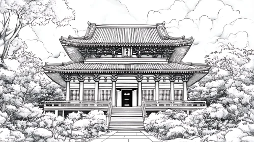 Monochrome Japanese Temple Drawing