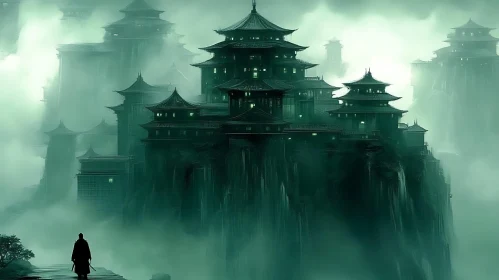 Ethereal Asian Cityscape with Warrior