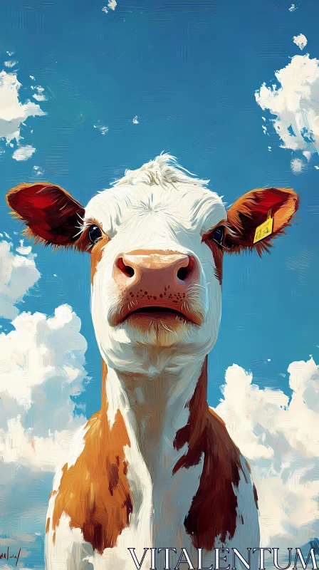 Cow Face in Clear Blue Sky AI Image