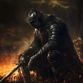 Dark Knight in Fiery Landscape