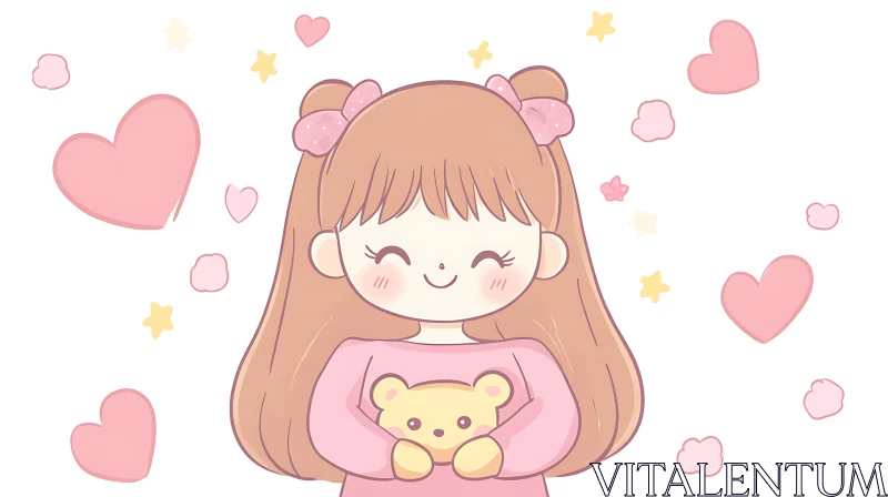 Cute Cartoon Girl Hugging Teddy Bear AI Image