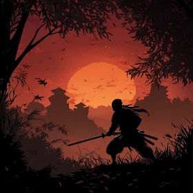 Sunset Silhouette of a Ninja Warrior