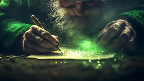 Mystical Scribe Under Green Light