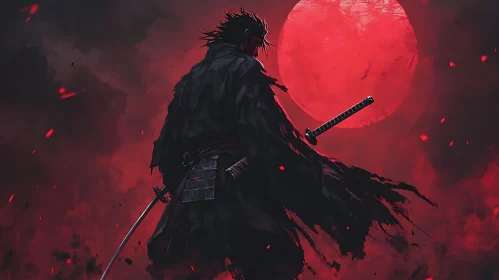 Crimson Moon Samurai Silhouette