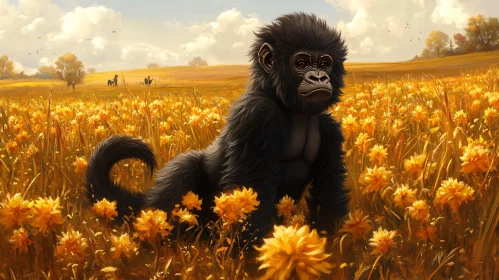 Monkey Stands in Sunny Flower Field