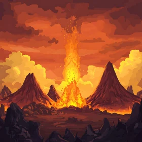Fiery Volcanic Eruption Over Jagged Mountains