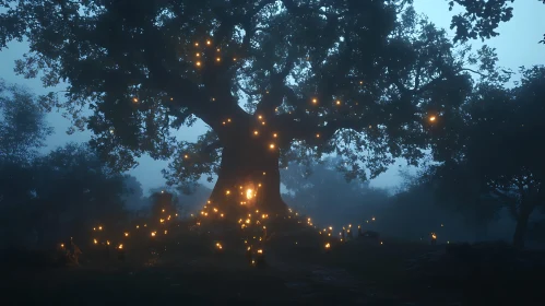 Glowing Tree in Foggy Woods