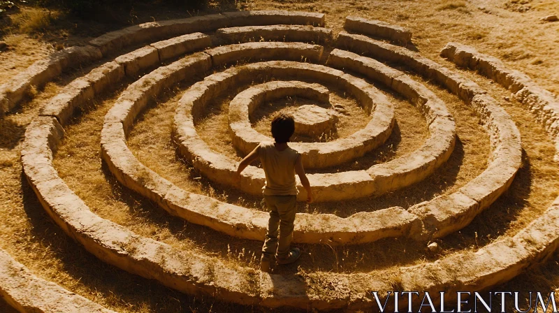 AI ART Circular Stone Maze with a Boy