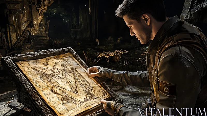 AI ART Man Reading Old Map in Cave