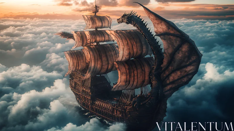 AI ART Galleon with Dragon in the Clouds