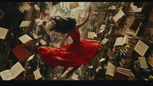 Red Dress and Books Surreal Scene