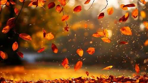 Falling Autumn Leaves in Golden Light