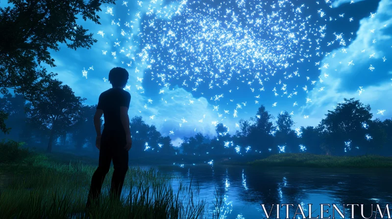 Person Watching Starry Sky by the Lake AI Image