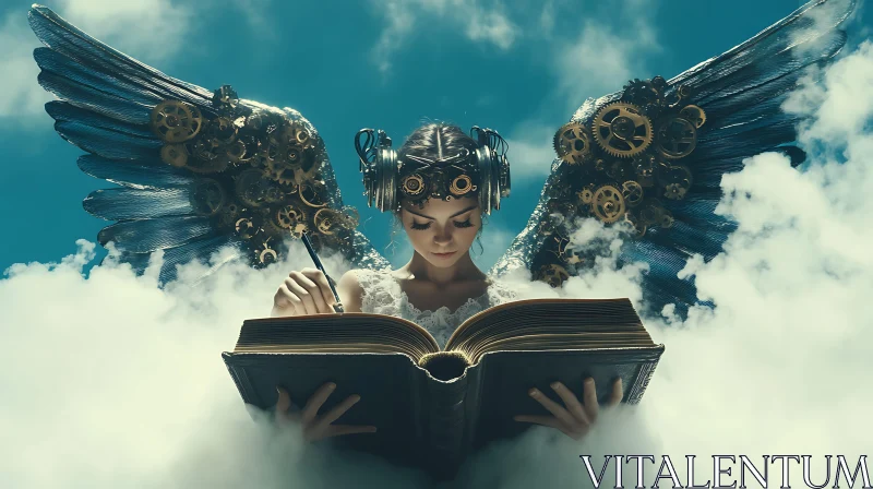 Steampunk Angel Scribe in Clouds AI Image