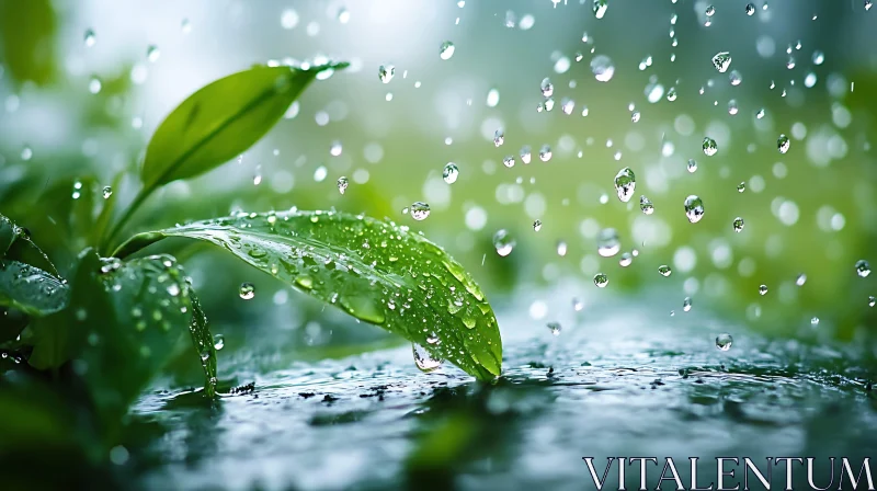 Raindrops on Green Leaves Close-up AI Image