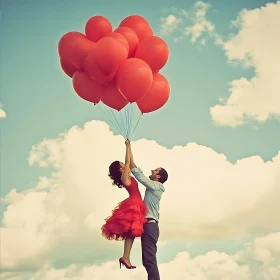 Couple Flying with Heart Balloons