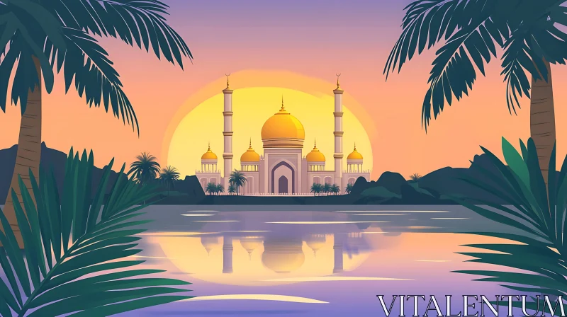 AI ART Sunset Mosque Reflection