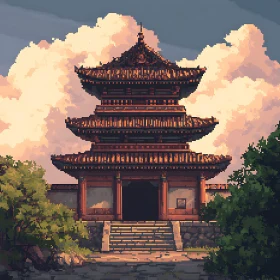 Pixel Art Pagoda Under Cloudy Skies