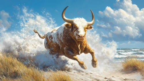Bull in Motion by the Ocean