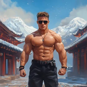 Muscular Man in Snowy Mountains