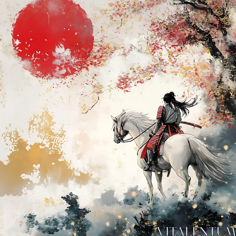 AI ART Japanese Warrior on White Horse Art