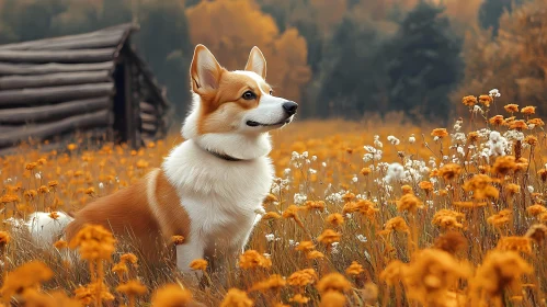 Corgi and Cabin in Fall