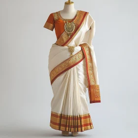 Cream and Orange Sari with Jewelry