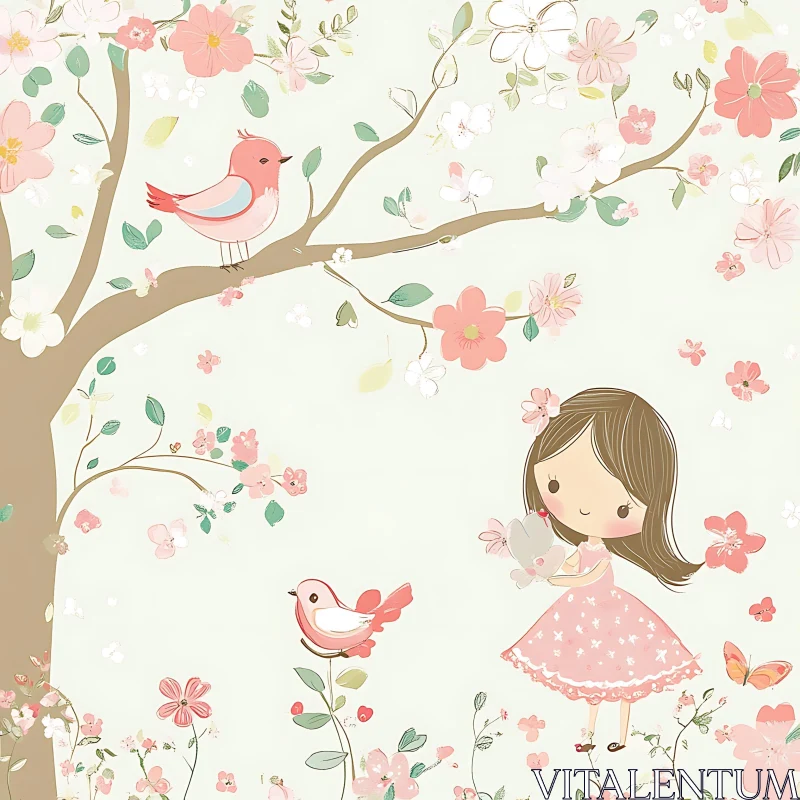 Enchanting Child's Drawing of Girl and Birds AI Image