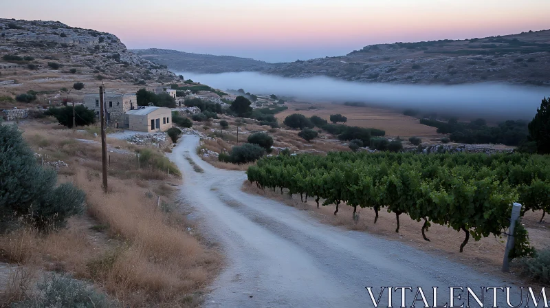 Foggy Valley Road with Vineyard View AI Image