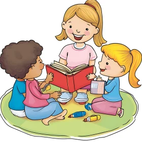 Cartoon Kids Enjoying a Storybook